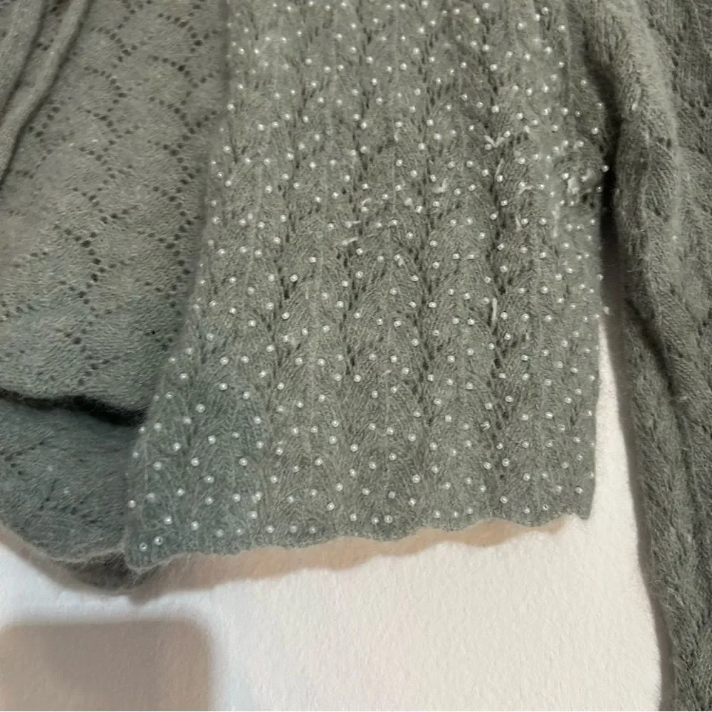 Free People Pearl Beaded Pointelle Cropped Tie Hooded Cardigan Fairy Whimsical